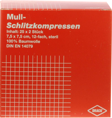 SCHLITZKOMPRESSEN Mull 7,5x7,5 cm steril 12fach